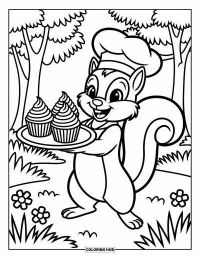 Coloriage de cupcakes pour enfants : Un écureuil chef tient un plateau de cupcakes dans une forêt ensoleillée