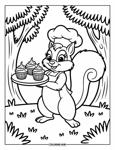 Coloriage de cupcakes pour enfants : Un écureuil chef dans la forêt tient un plateau de cupcakes
