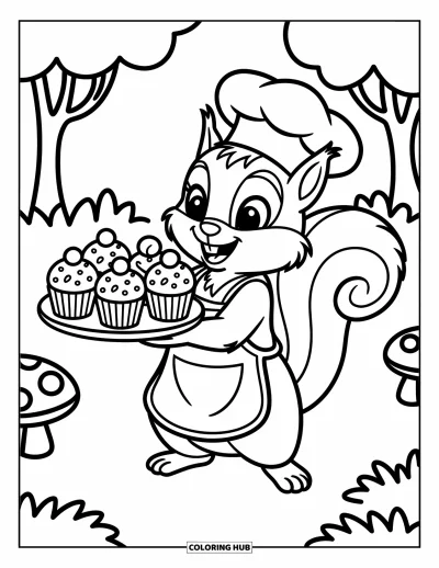 Coloriage de cupcakes pour enfants : Un écureuil chef avec un plateau de cupcakes dans une forêt douillette