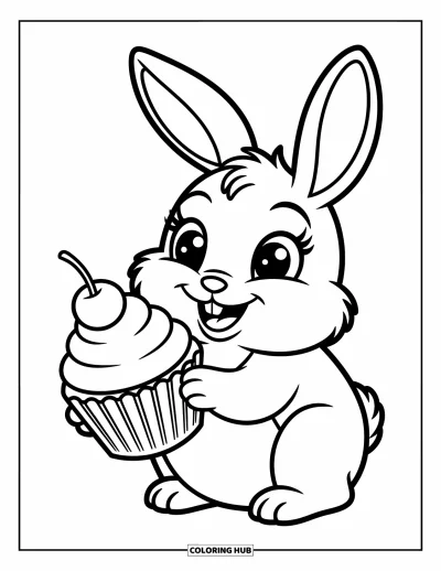 Coloriage de cupcakes pour enfants : Un lapin potelé tenant un cupcake avec une cerise sur le dessus