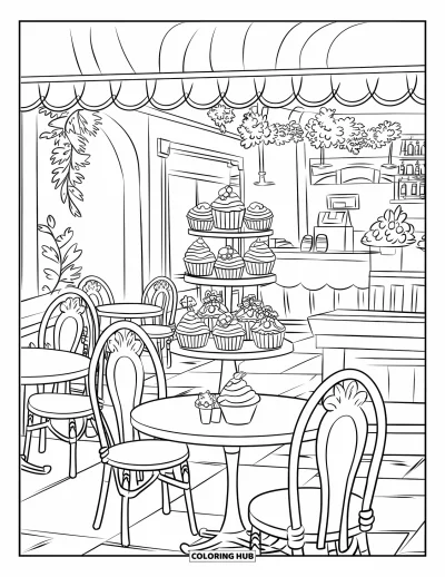 Coloriage de cupcakes pour enfants : Une scène de café cupcake chaleureux avec des tables, des chaises et des pâtisseries décorées