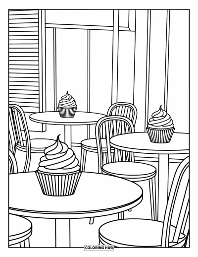 Coloriage de cupcakes pour enfants : Un café cupcake accueillant avec des tables et de jolies pâtisseries