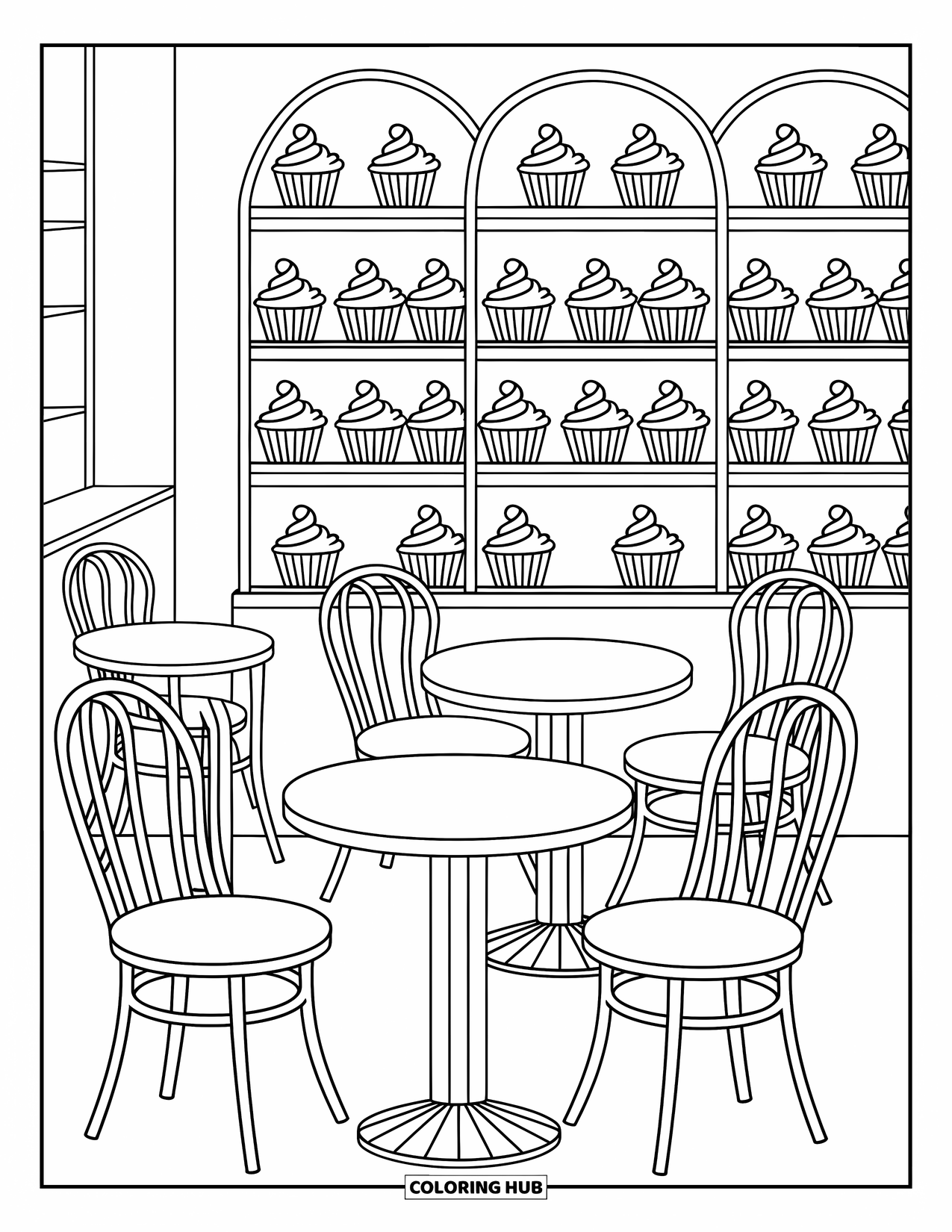 Cupcake Coloring Page for Kids: A cozy cupcake café with tables and detailed pastries