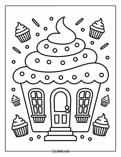 Coloriage de cupcakes pour enfants : Une maison cupcake accueillante avec une porte et des fenêtres