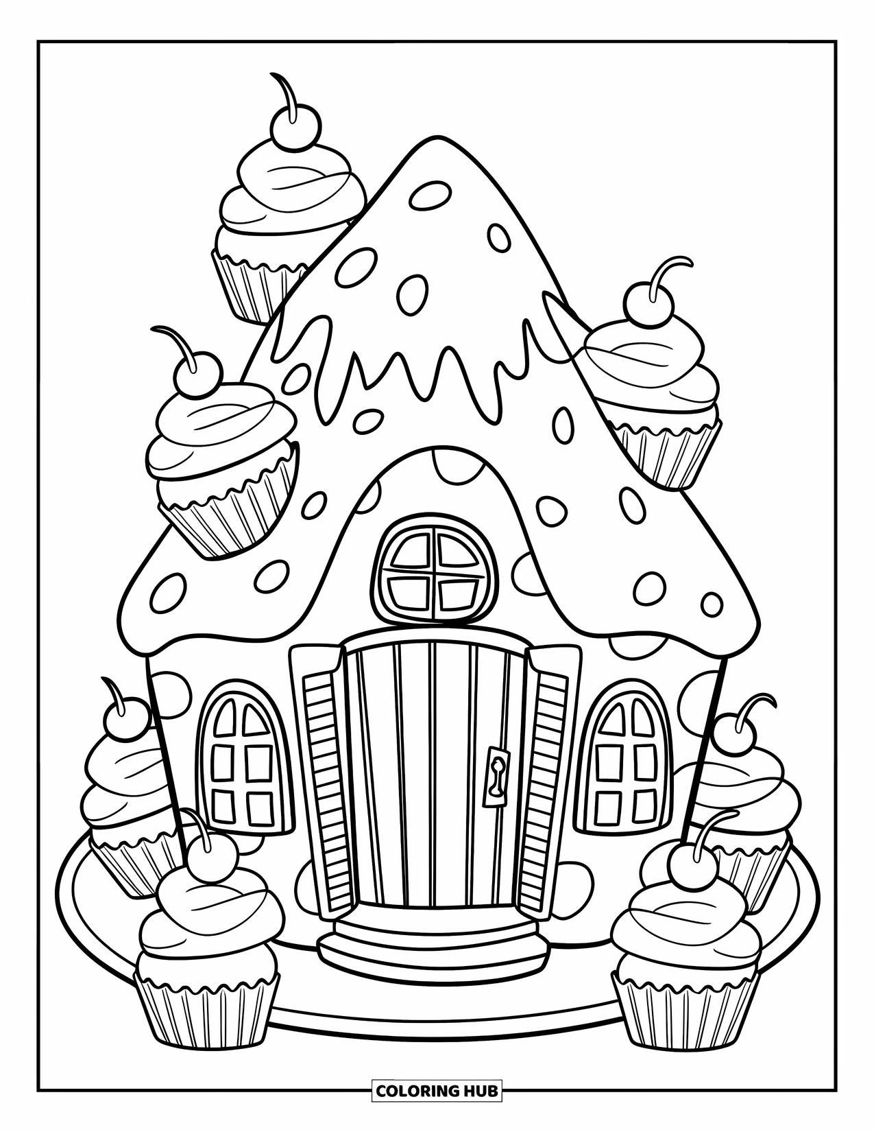 Cupcake Coloring Page for Kids: A cozy cupcake house with a door and windows on a plate