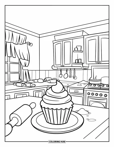 Coloriage de cupcakes pour enfants : Une cuisine chaleureuse avec un cupcake, de la farine et des placards en bois