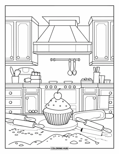 Coloriage de cupcakes pour enfants : Une cuisine douillette avec un cupcake, des rouleaux à pâtisserie et de la farine sur le plan de travail