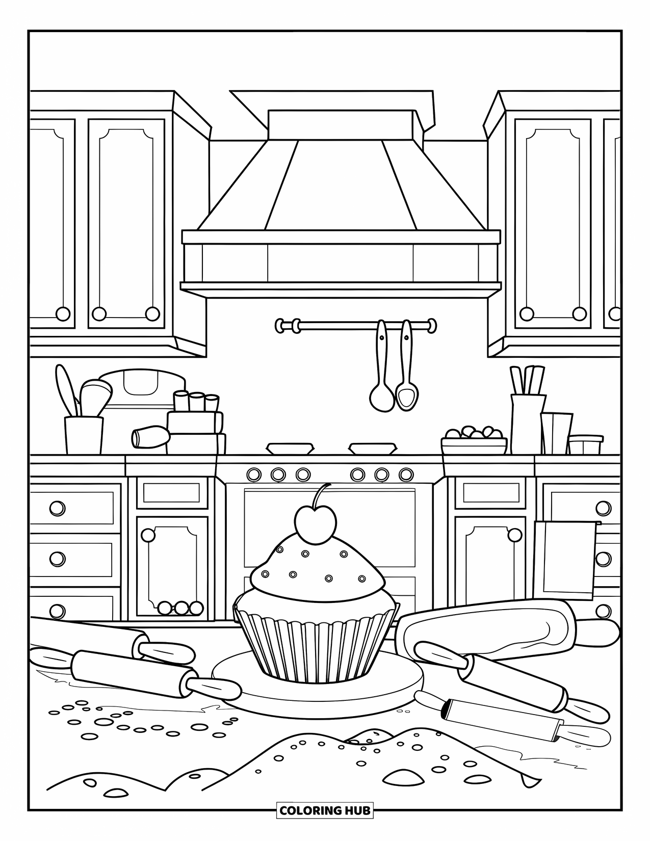 Cupcake Coloring Page for Kids: A cozy kitchen with a cupcake, rolling pins, and flour on the counter