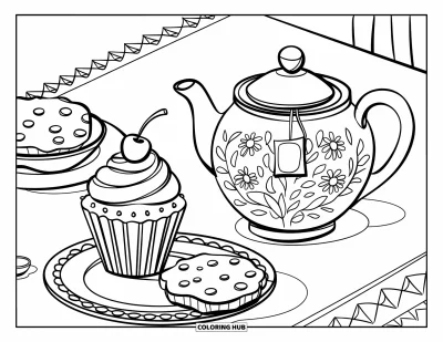Coloriage de cupcakes pour enfants : Un cupcake et un biscuit partagent un goûter avec une théière fleurie