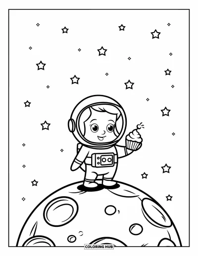 Coloriage de cupcakes pour enfants : Un cupcake astronaute sur la lune avec de grands cratères et des étoiles