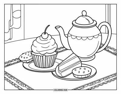 Coloriage de cupcakes pour enfants : Un cupcake lors d’un goûter avec un biscuit et une théière