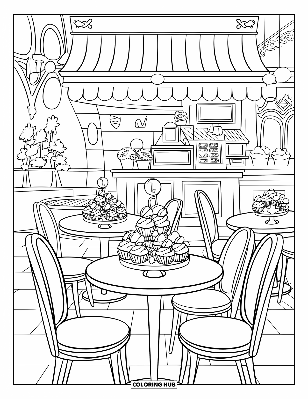 Cupcake Coloring Page for Kids: A cupcake café with a counter, potted plants, and cupcakes on stands