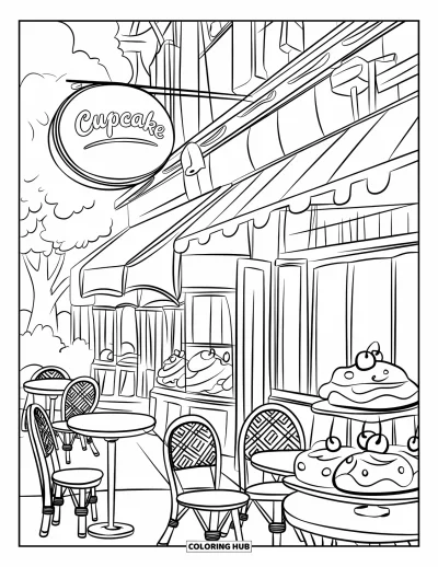 Coloriage de cupcakes pour enfants : Un café cupcake avec des tables, des chaises et une vitrine de cupcakes