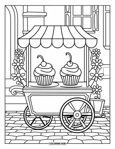 Coloriage de cupcakes pour enfants : Un chariot à cupcakes sur un chemin pavé avec des fleurs autour