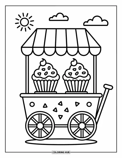 Coloriage de cupcakes pour enfants : Un chariot à cupcakes avec deux cupcakes et de charmantes décorations