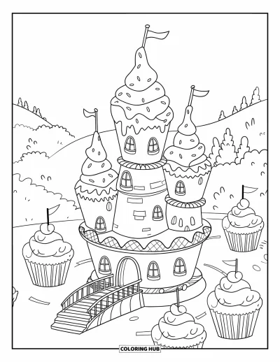 Coloriage de cupcakes pour enfants : Un château cupcake avec des tours de glaçage et un pont-levis, entouré de cupcakes