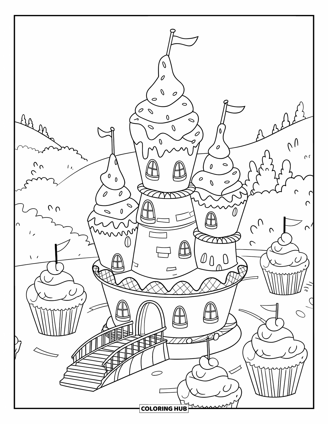 Cupcake Coloring Page for Kids: A cupcake castle with frosting towers and a drawbridge surrounded by cupcakes