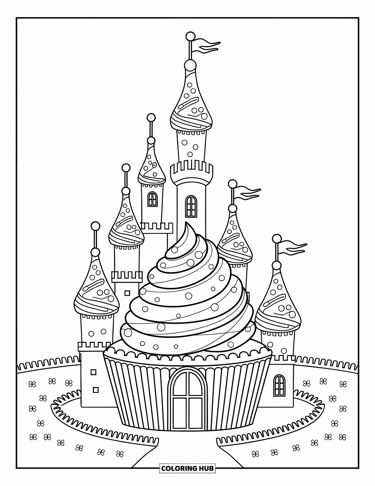 Cupcake Coloring Page for Kids: A cupcake castle with frosting turrets and candy decorations