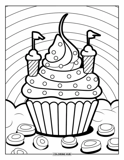 Coloriage de cupcakes pour enfants : Un château cupcake avec des tourelles de glaçage et des dragées colorées se dresse fièrement