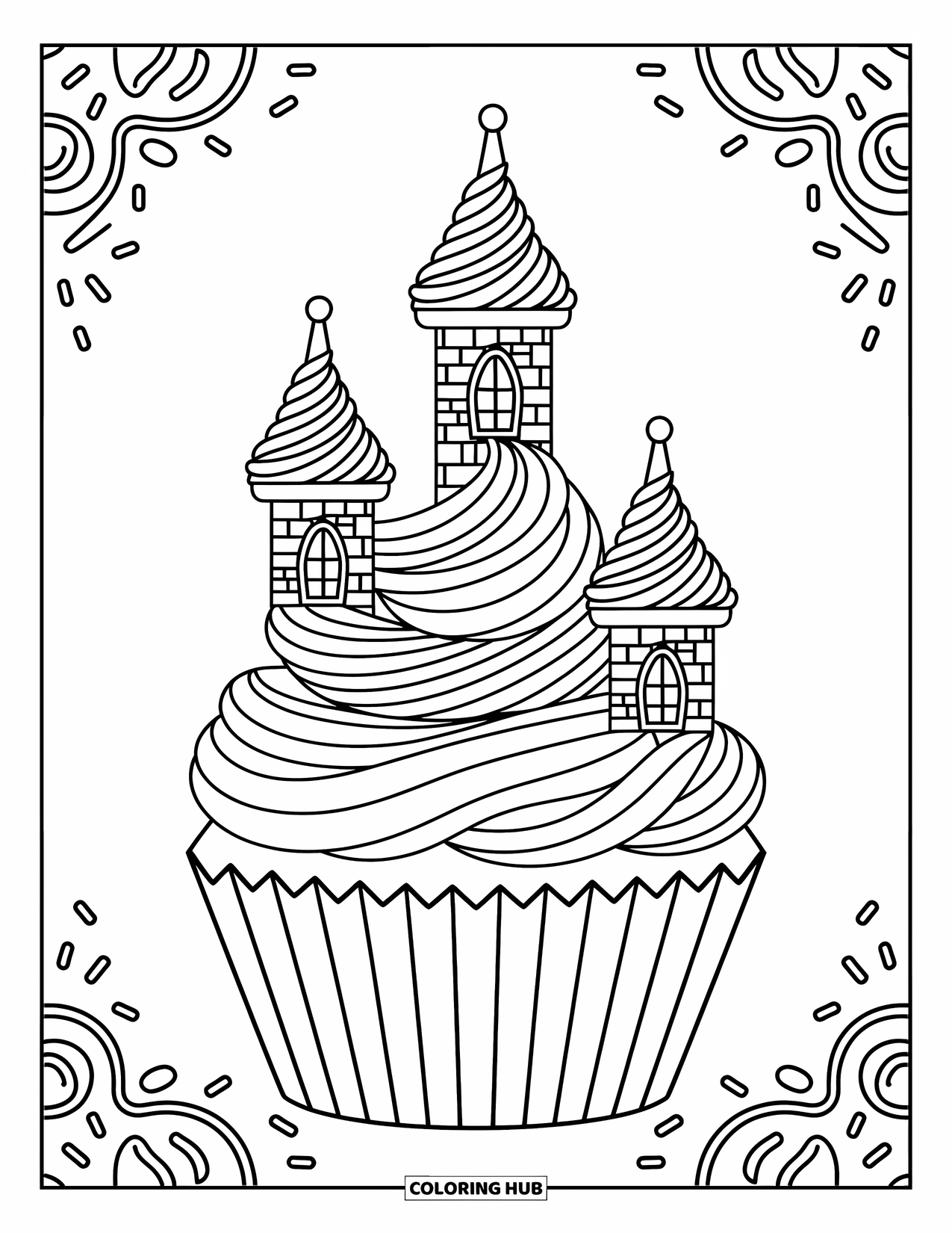 Cupcake Coloring Page for Kids: A cupcake castle with frosting turrets and playful candy details
