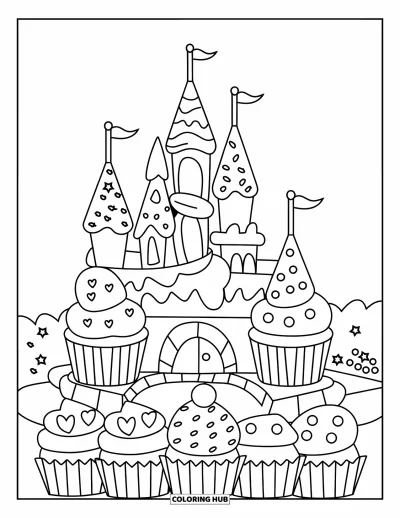 Coloriage de cupcakes pour enfants : Un château cupcake aux tourelles de glaçage entouré de cupcakes