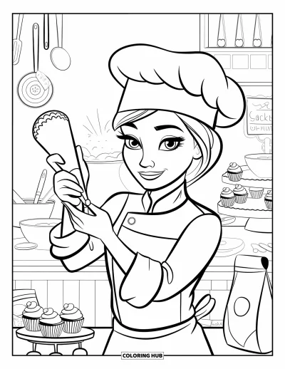 Coloriage de cupcakes pour enfants : Un cupcake chef décore des cupcakes entouré d’ustensiles et d’ingrédients de pâtisserie