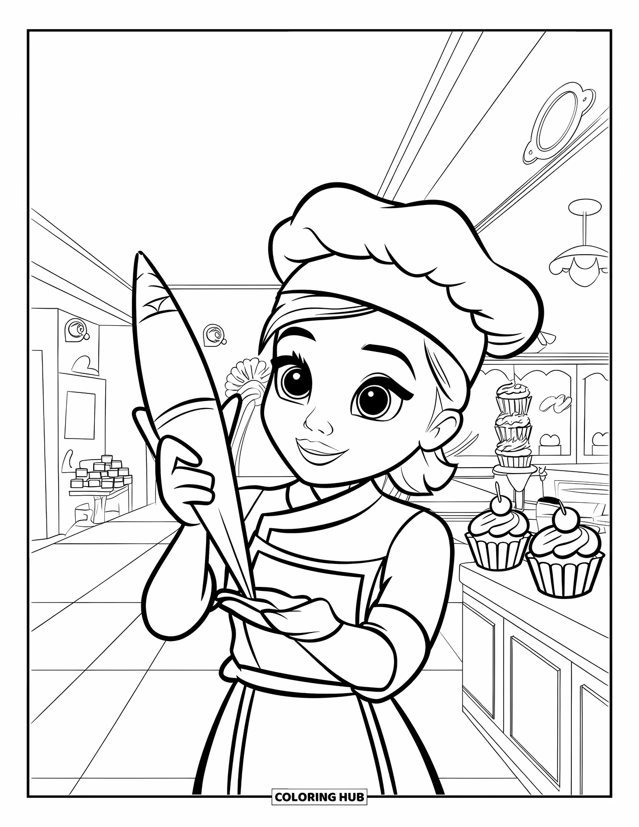 Cupcake Coloring Page for Kids: A cupcake chef in a blue uniform decorates cupcakes in a cozy bakery