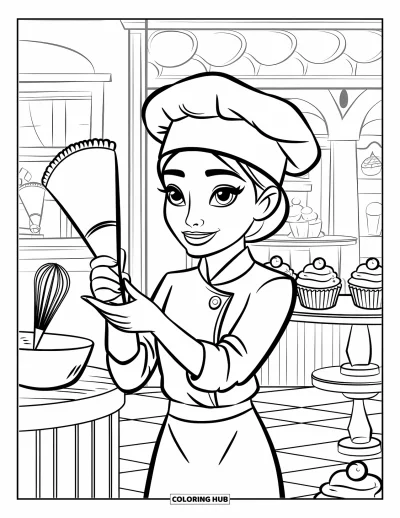 Coloriage de cupcakes pour enfants : Un cupcake chef avec une poche à douille décore des gourmandises dans une boulangerie
