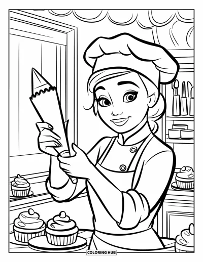 Coloriage de cupcakes pour enfants : Un cupcake chef avec une toque blanche décore des cupcakes près d’une fenêtre
