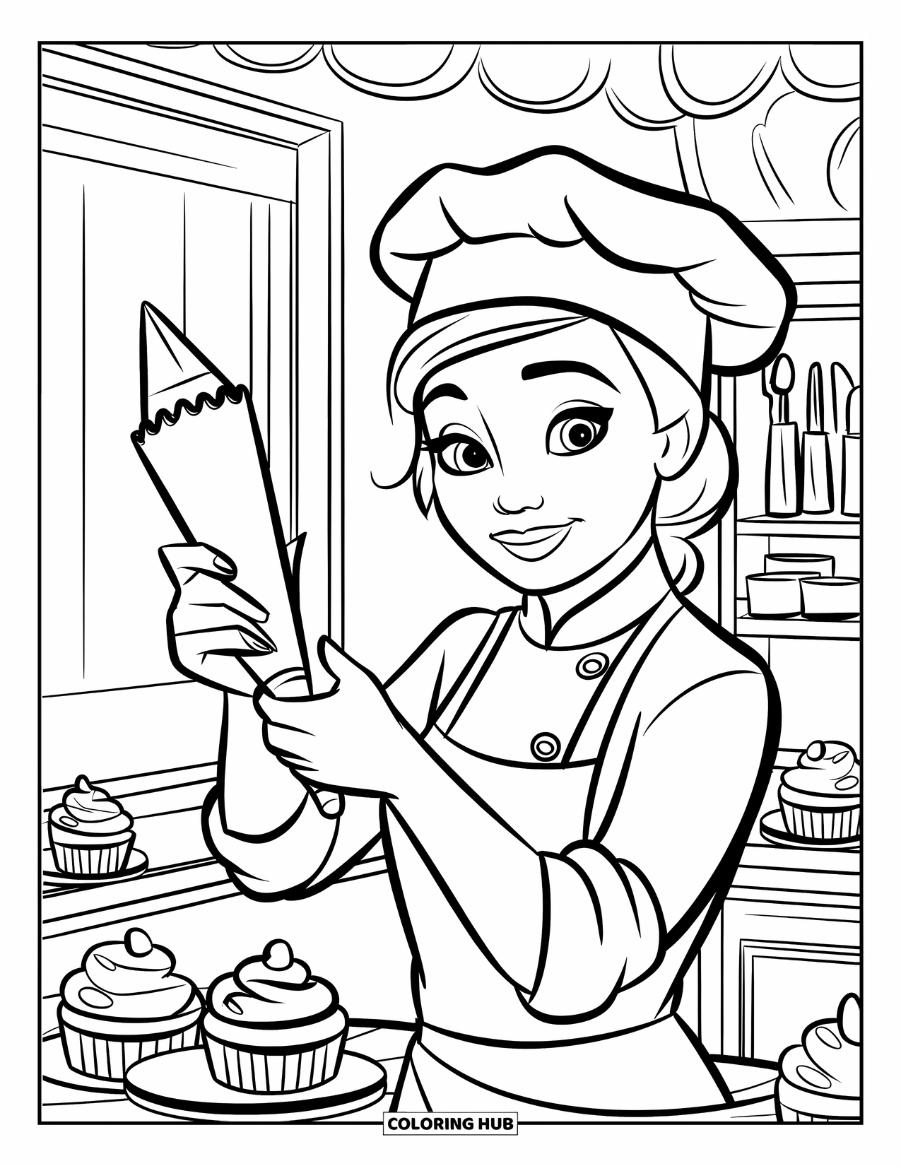 Cupcake Coloring Page for Kids: A cupcake chef with a white hat decorates cupcakes near a window