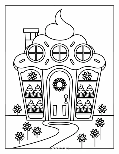 Coloriage de cupcakes pour enfants : Une maison cupcake avec une porte, des fenêtres et des volutes de glaçage