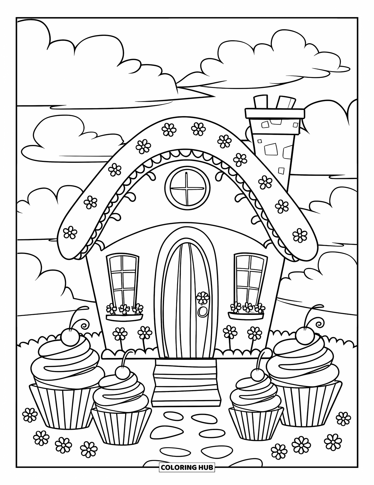 Cupcake Coloring Page for Kids: A cupcake house with flowers and sprinkles sits among fluffy clouds
