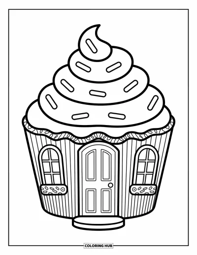 Coloriage de cupcakes pour enfants : Une maison cupcake avec des décorations en glaçage et une jolie porte