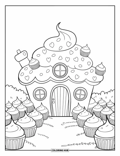 Coloriage de cupcakes pour enfants : Une maison cupcake au toit de glaçage se dresse dans un champ de cupcakes