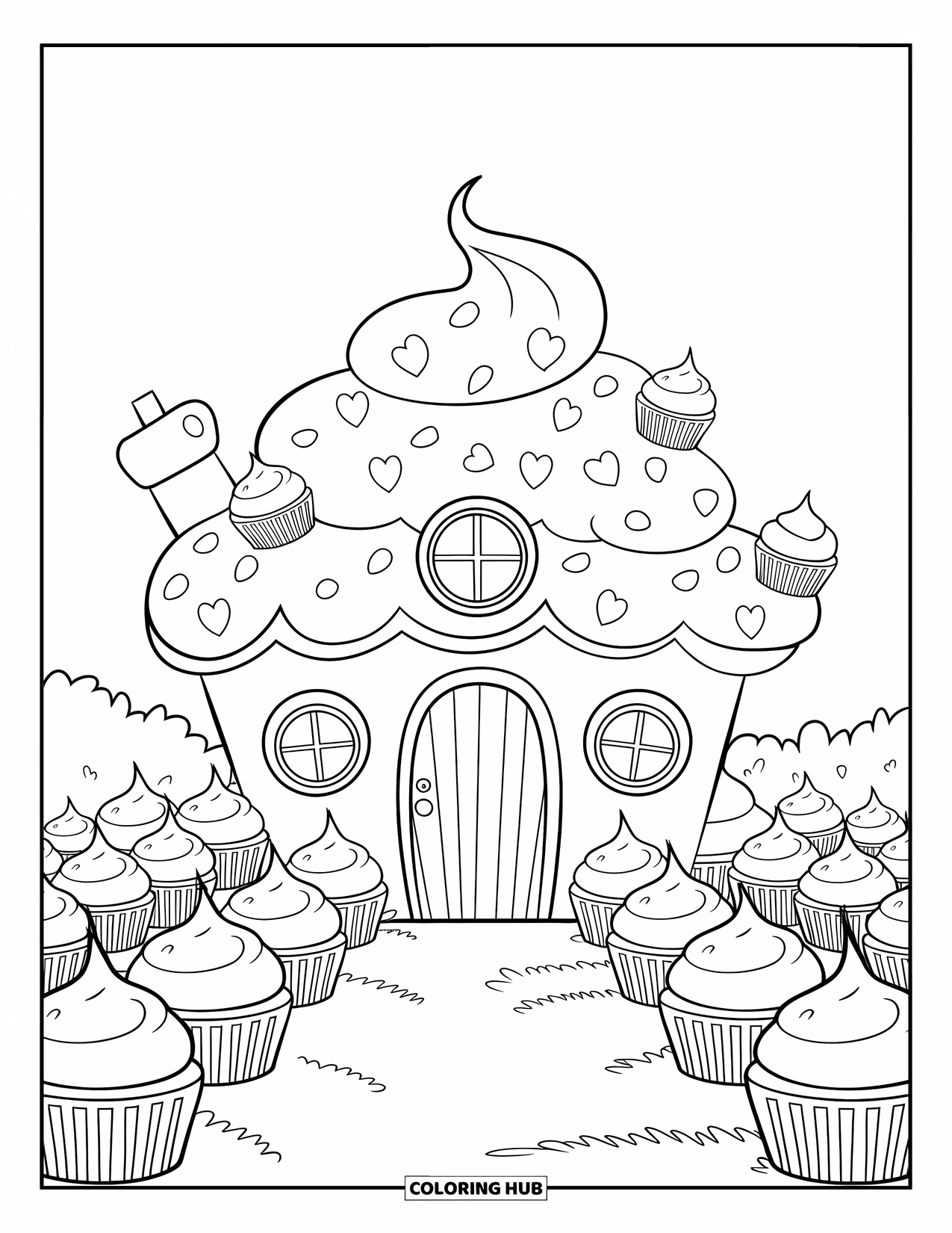 Cupcake Coloring Page for Kids: A cupcake house with frosting roof stands in a field of cupcakes