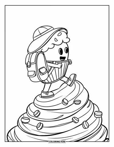 Coloriage de cupcakes pour enfants : Un cupcake en tenue de randonnée grimpe une montagne de glaçage à étages