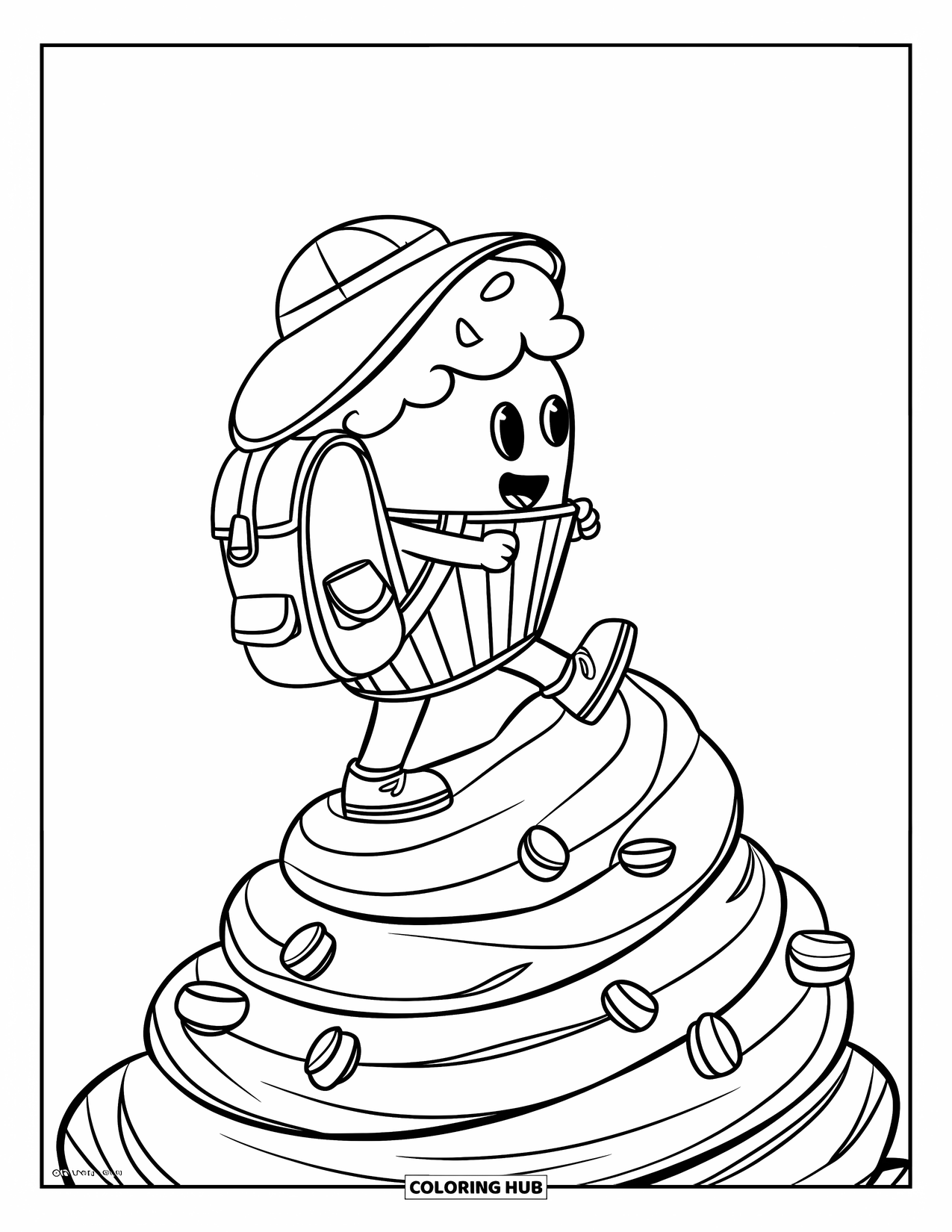 Cupcake Coloring Page for Kids: A cupcake in a hiking outfit climbs a tiered frosting mountain