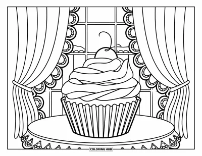 Coloriage de cupcakes pour enfants : Un cupcake dans une boulangerie victorienne avec des rideaux en dentelle