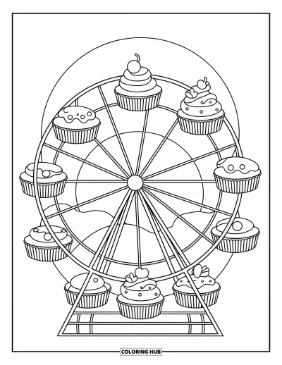 Coloriage de cupcakes pour enfants : Un cupcake sur une grande roue avec des desserts charmants