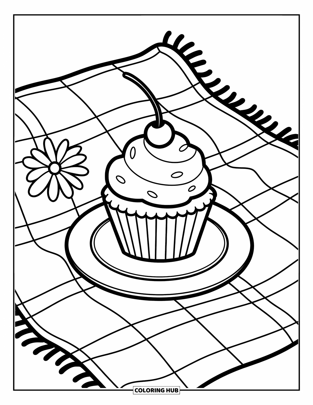 Cupcake Coloring Page for Kids: A cupcake on a plate beside a picnic blanket and a flower