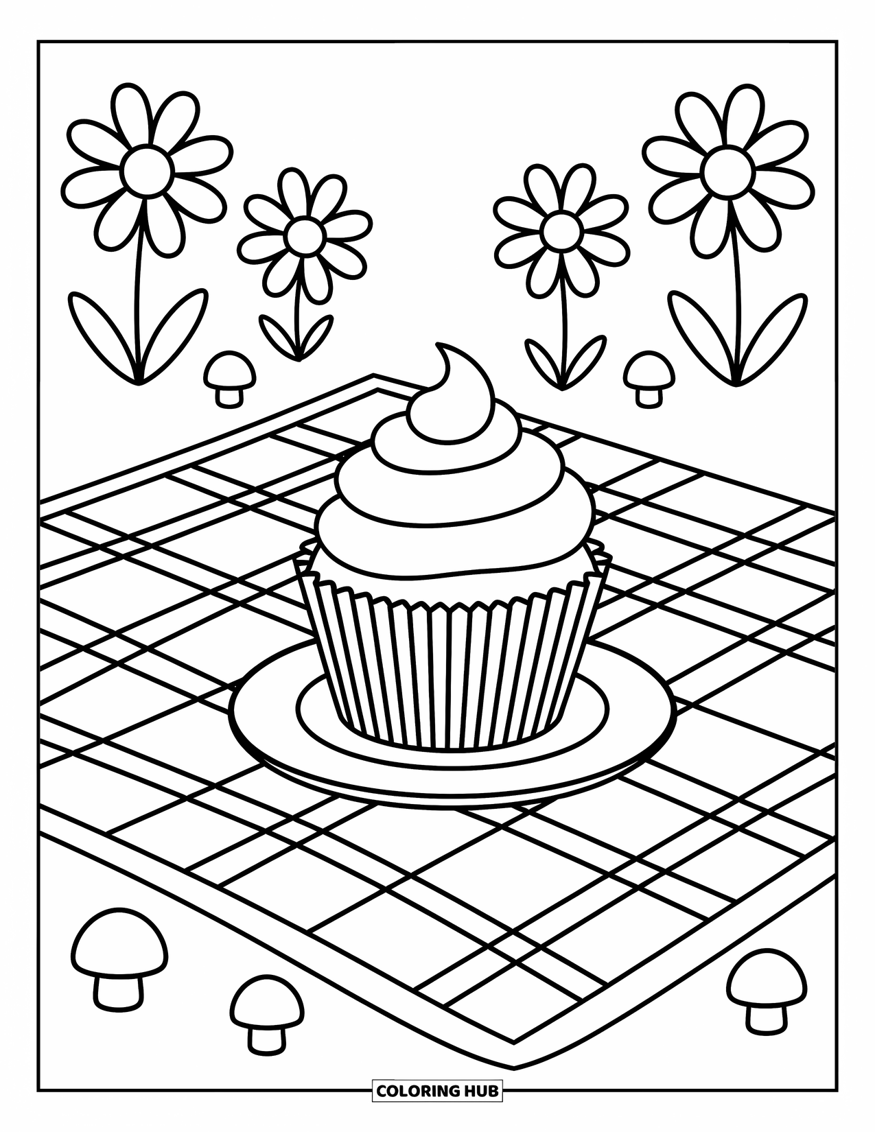 Cupcake Coloring Page for Kids: A cupcake on a plate beside a picnic blanket and a flower
