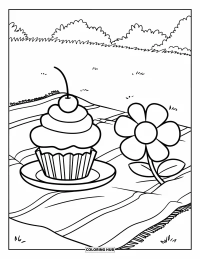 Coloriage de cupcakes pour enfants : Un cupcake sur une assiette près d’une couverture de pique-nique et d’une fleur