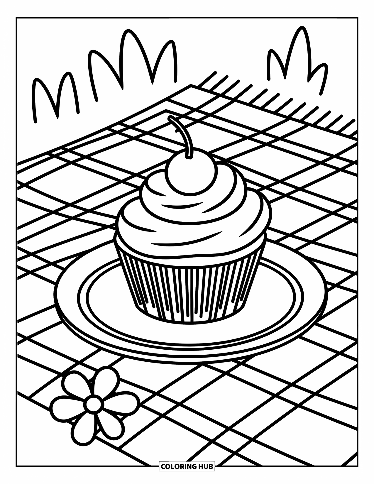 Cupcake Coloring Page for Kids: A cupcake on a plate with a flower next to a picnic blanket