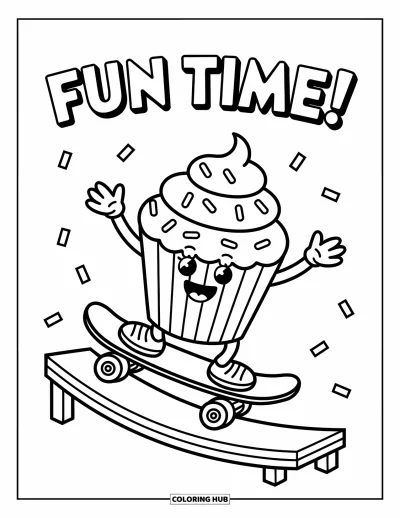 Coloriage de cupcakes pour enfants : Un cupcake en skateboard qui dévale une rampe en bois