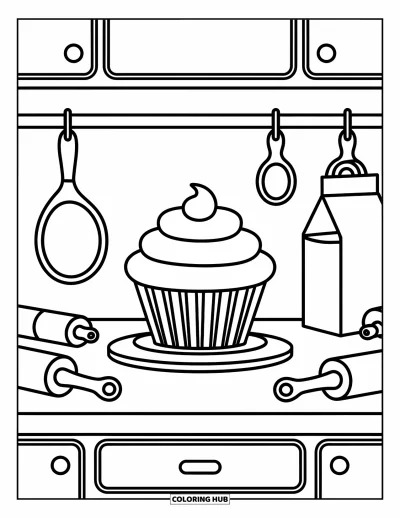 Coloriage de cupcakes pour enfants : Un cupcake sur une table avec des rouleaux à pâtisserie et de la farine à proximité