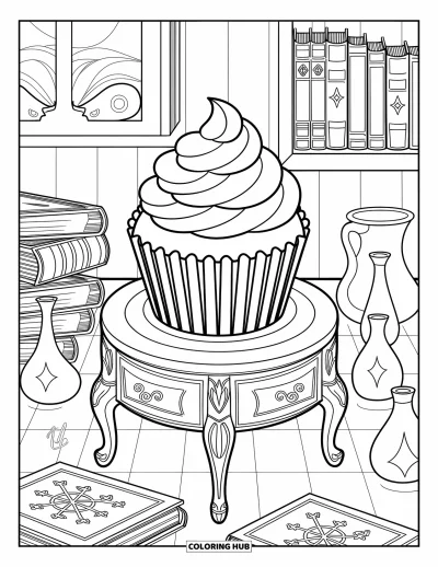 Coloriage de cupcakes pour enfants : Un cupcake sur une table vintage entouré de grimoires et de potions