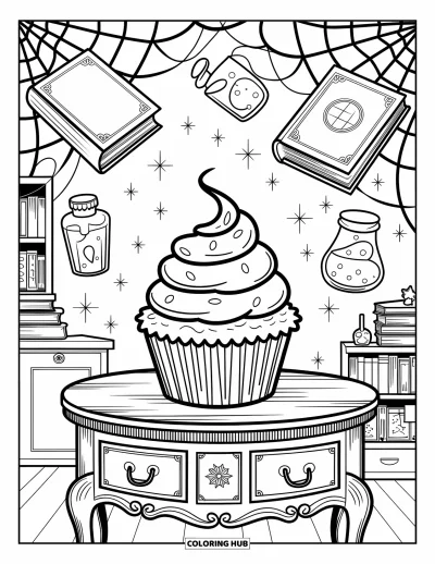 Coloriage de cupcakes pour enfants : Un cupcake sur une table en bois dans la cuisine chaleureuse d’une sorcière avec potions et livres