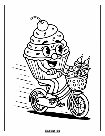 Coloriage de cupcakes pour enfants : Un cupcake à vélo avec un panier rempli de vermicelles