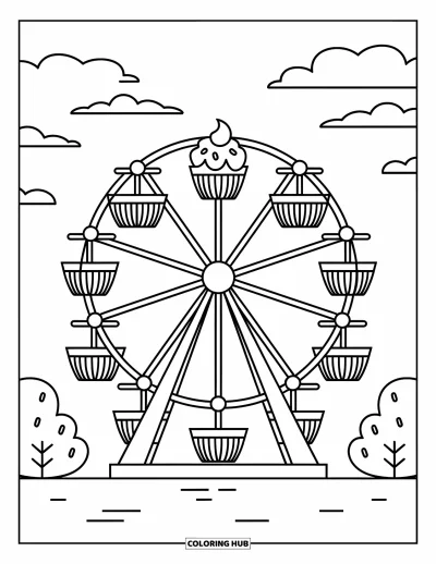 Coloriage de cupcakes pour enfants : Un cupcake sur une grande roue avec d’autres desserts