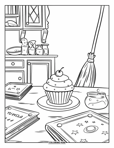 Coloriage de cupcakes pour enfants : Un cupcake dans la cuisine d’une sorcière avec des grimoires et des potions
